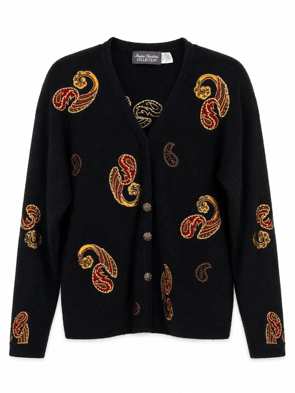 Vintage Maria Christina Angora Wool Paisley Cardigan Sweater Black L
